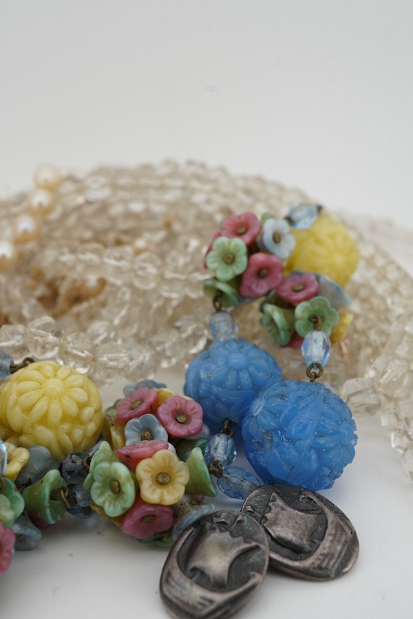 A collection of jewels including a Victorian multi-strand seed pearl necklace with a blue enamel and rose-cut diamond clasp, case stamped Watherston; an Edwardian multi-strand seed pearl necklace, to a gold barrel clasp,